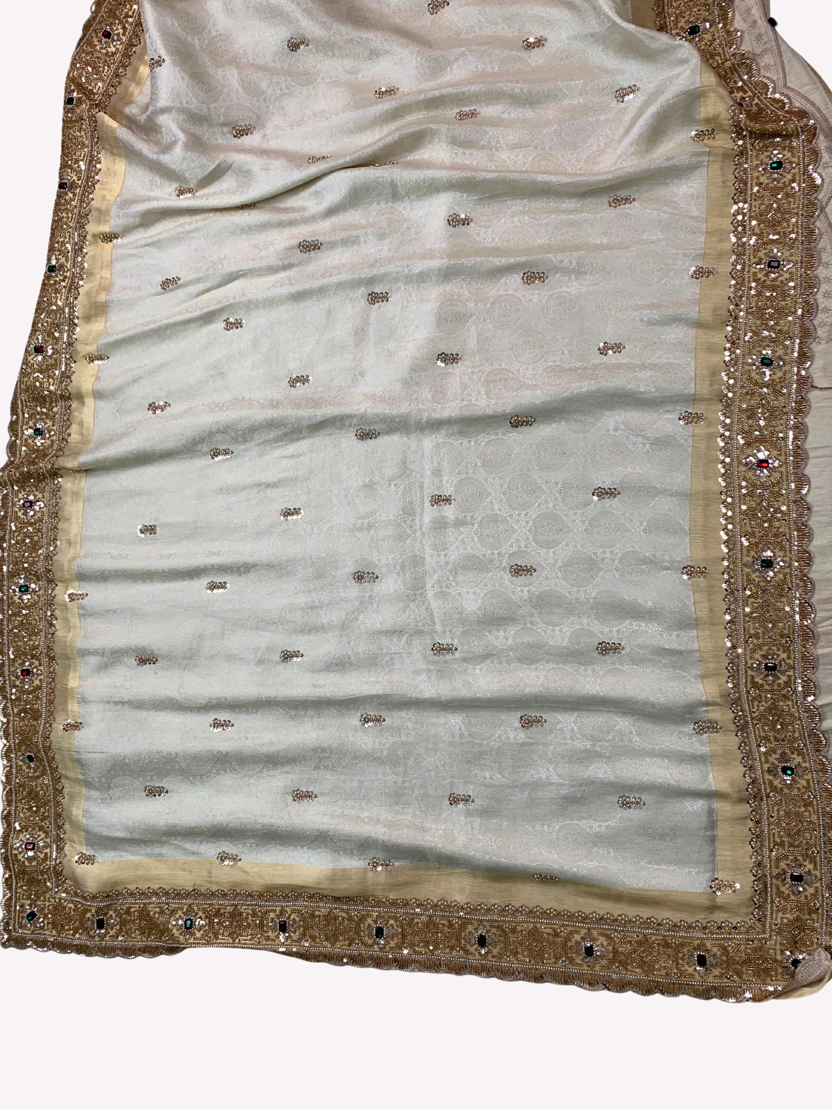 Ivory Tissue Unstitched Saree Embellished With Sequins, Moti, Stone & Cutdana Work